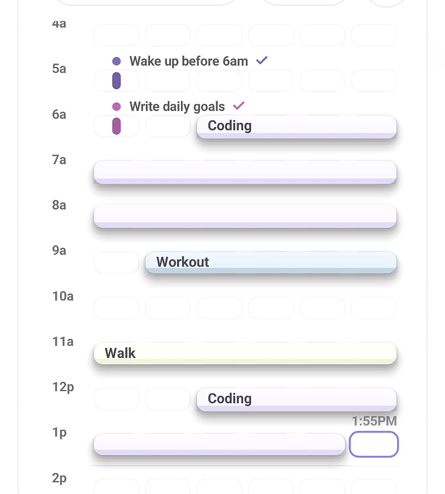 Path timeline with colored blocks for coding, workout, and walk